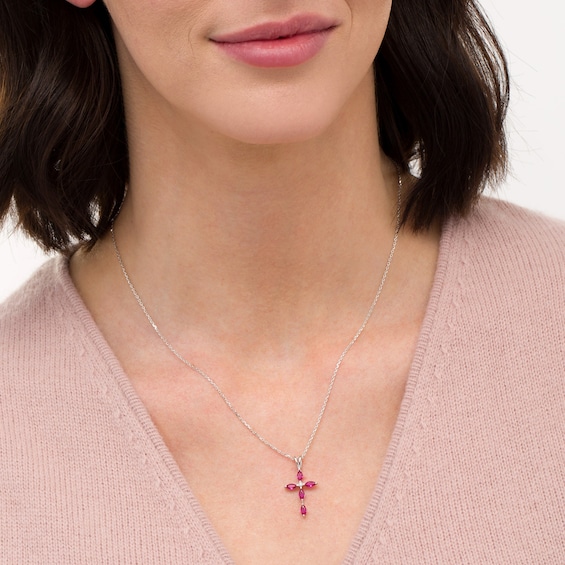 Marquise Lab-Created Ruby and Diamond Accent Cross Pendant in 10K White Gold