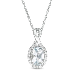 Oval Aquamarine and 0.08 CT. T.W. Diamond Frame Twisted Split Bail Pendant in 10K White Gold