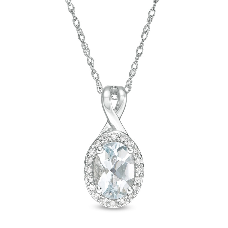 Main Image 1 of Oval Aquamarine and 0.08 CT. T.W. Diamond Frame Twisted Split Bail Pendant in 10K White Gold