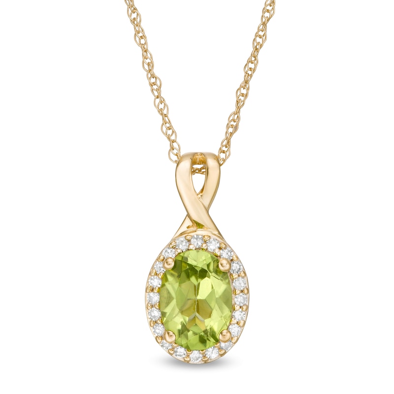 Oval Peridot and 0.08 CT. T.W. Diamond Frame Twisted Split Bail Pendant in 10K Gold|Peoples Jewellers