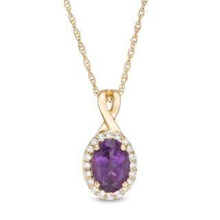 Oval Amethyst and 0.08 CT. T.W. Diamond Frame Twisted Split Bail Pendant in 10K Gold