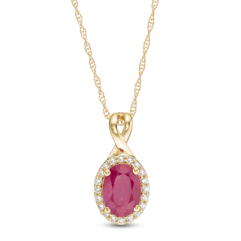 Certified Oval Ruby and 0.08 CT. T.W. Diamond Frame Twisted Split Bail Pendant in 10K Gold|Peoples Jewellers
