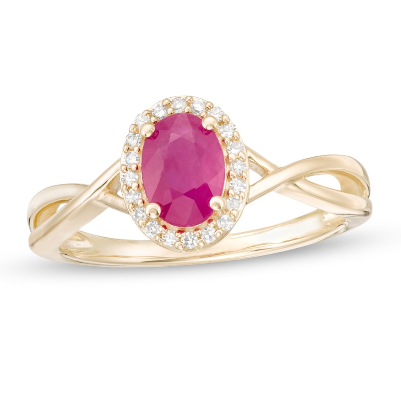 Certified Oval Ruby and 0.08 CT. T.W. Diamond Frame Twist Shank Ring in 10K Gold|Peoples Jewellers