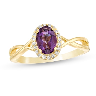 Oval Amethyst and 0.08 CT. T.W. Diamond Frame Twist Shank Ring in 10K Gold