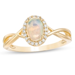 Oval Opal and 0.08 CT. T.W. Diamond Frame Twist Shank Ring in 10K Gold