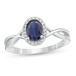 Oval Blue Sapphire and 0.08 CT. T.W. Diamond Frame Twist Shank Ring in 10K White Gold