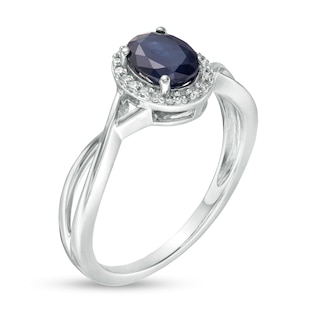 Oval Blue Sapphire and 0.08 CT. T.W. Diamond Frame Twist Shank Ring in 10K White Gold