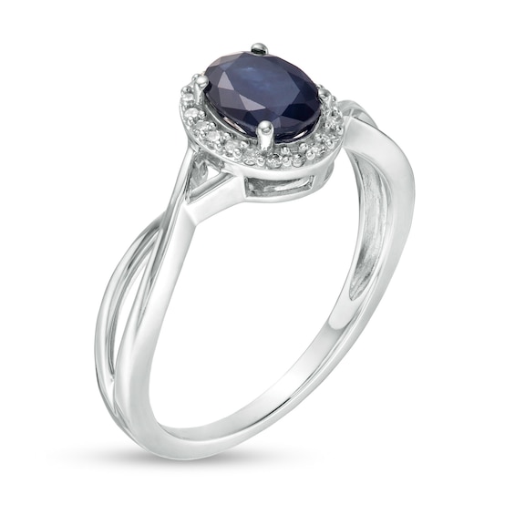 Oval Blue Sapphire and 0.08 CT. T.W. Diamond Frame Twist Shank Ring in 10K White Gold