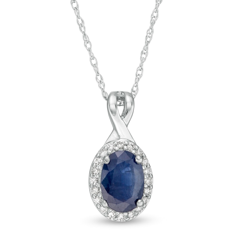 Oval Blue Sapphire and 0.08 CT. T.W. Diamond Frame Twisted Split Bail Pendant in 10K White Gold