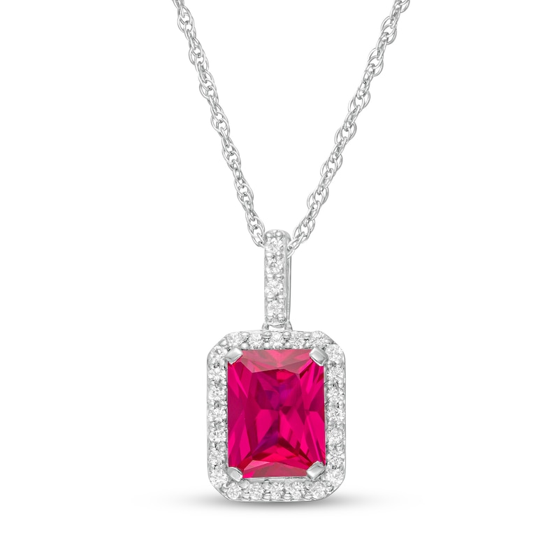 Emerald-Cut Lab-Created Ruby and White Sapphire Octagonal Frame Drop Pendant in Sterling Silver|Peoples Jewellers