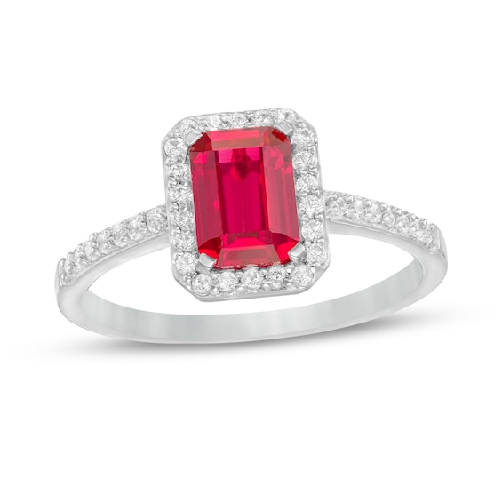 Emerald-Cut Lab-Created Ruby and White Sapphire Octagonal Frame Ring in Sterling Silver