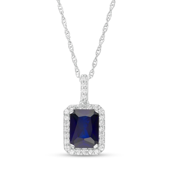 Emerald-Cut Lab-Created Blue and White Sapphire Octagonal Frame Drop Pendant in Sterling Silver