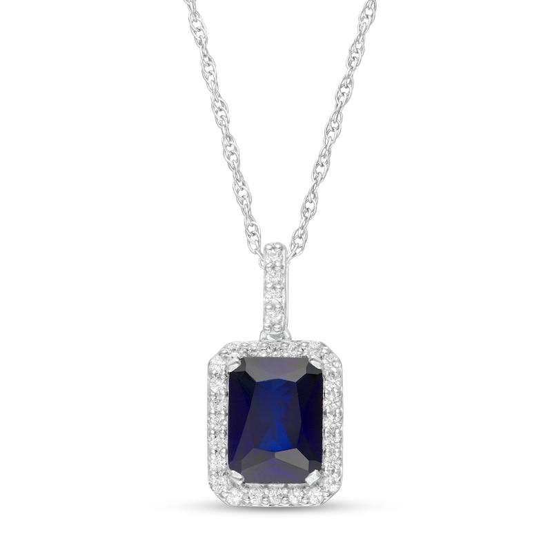 Emerald-Cut Lab-Created Blue and White Sapphire Octagonal Frame Drop Pendant in Sterling Silver|Peoples Jewellers