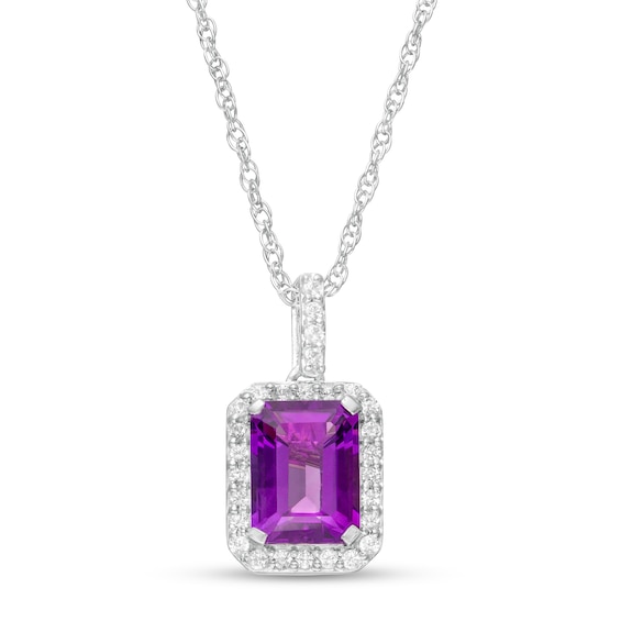 Emerald-Cut Lab-Created Amethyst and White Sapphire Octagonal Frame Drop Pendant in Sterling Silver