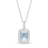 Thumbnail Image 1 of Emerald-Cut Simulated Aquamarine and Lab-Created White Sapphire Octagonal Frame Drop Pendant in Sterling Silver