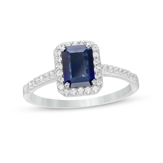 Emerald-Cut Lab-Created Blue and White Sapphire Octagonal Frame Ring in Sterling Silver