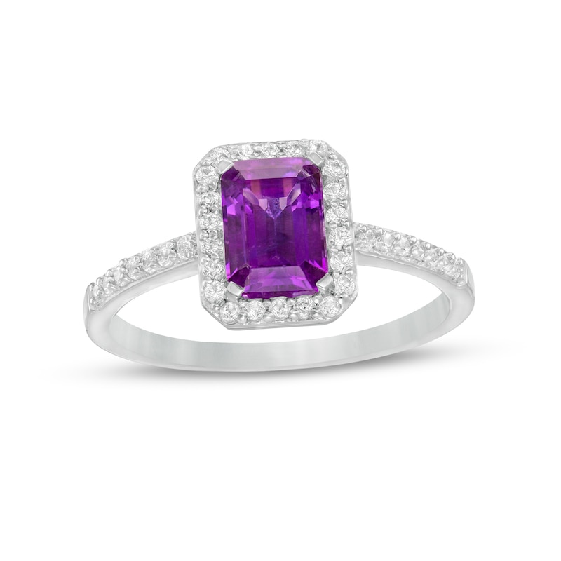 Emerald-Cut Lab-Created Amethyst and White Sapphire Octagonal Frame Ring in Sterling Silver|Peoples Jewellers