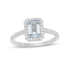 Thumbnail Image 0 of Emerald-Cut Simulated Aquamarine and White Lab-Created Sapphire Octagonal Frame Ring in Sterling Silver