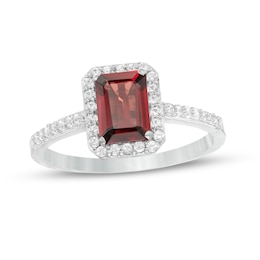 Emerald-Cut Simulated Garnet and Lab-Created White Sapphire Octagonal Frame Ring in Sterling Silver