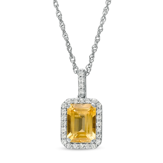 Emerald-Cut Lab-Created Citrine and White Sapphire Octagonal Frame Drop Pendant in Sterling Silver