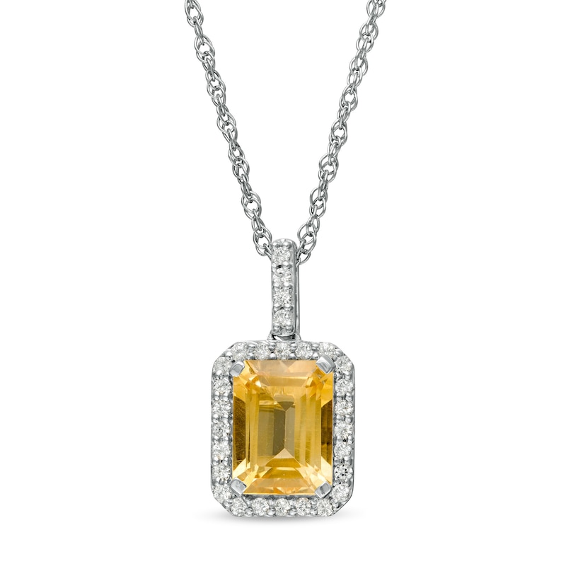 Emerald-Cut Lab-Created Citrine and White Sapphire Octagonal Frame Drop Pendant in Sterling Silver