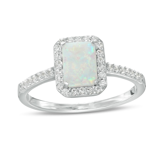 Emerald-Cut Lab-Created Opal and White Sapphire Octagonal Frame Ring in Sterling Silver