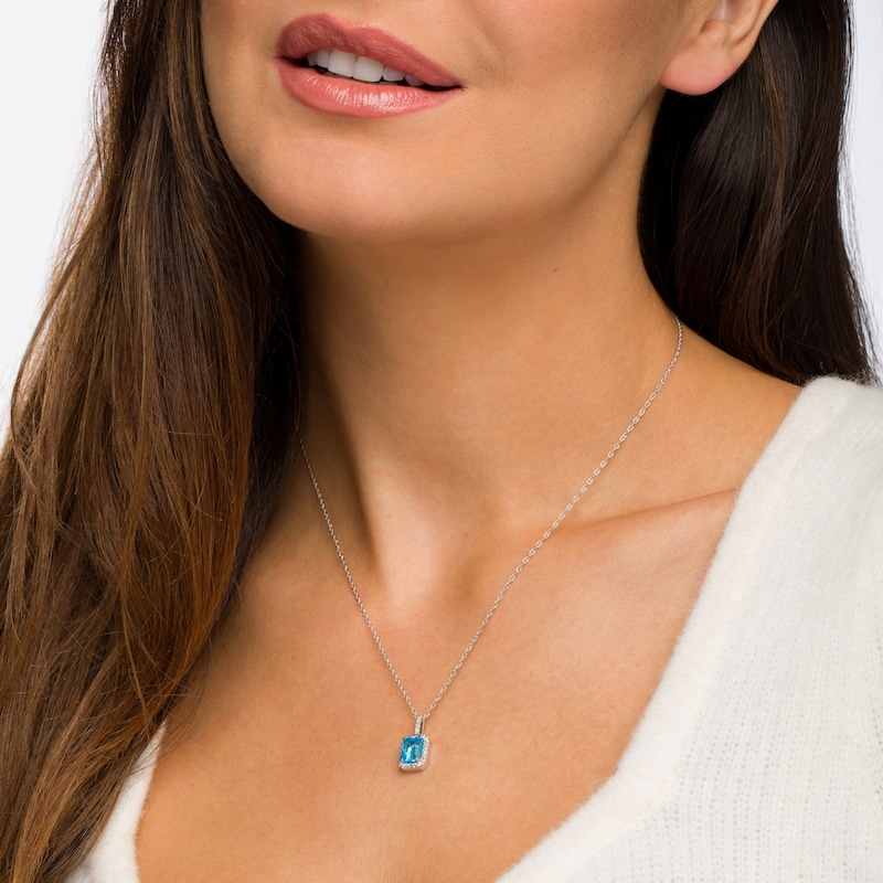 Emerald-Cut Simulated Blue Topaz and Lab-Created White Sapphire Octagonal Frame Drop Pendant in Sterling Silver|Peoples Jewellers