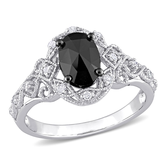 1.07 CT. T.W. Enhanced Black and White Diamond Frame Vintage-Style Engagement Ring in 10K White Gold