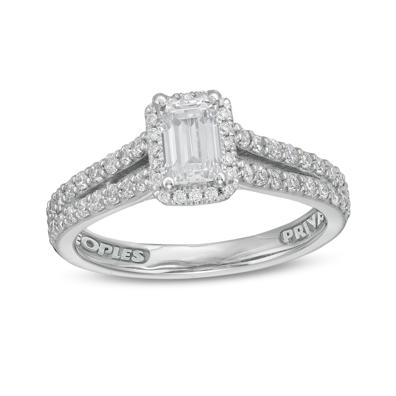 Peoples Private Collection 1.00 CT. T.W. Certified Emerald-Cut Diamond Frame Engagement Ring in 14K White Gold (F/SI2)|Peoples Jewellers
