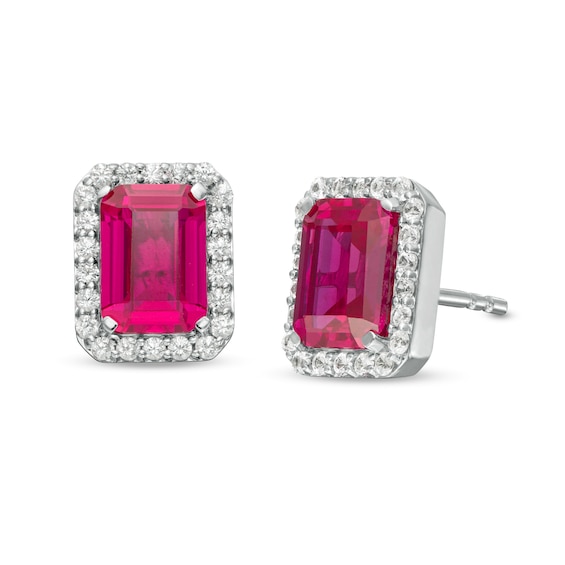 Emerald-Cut Lab-Created Ruby and White Sapphire Octagonal Frame Stud Earrings in Sterling Silver