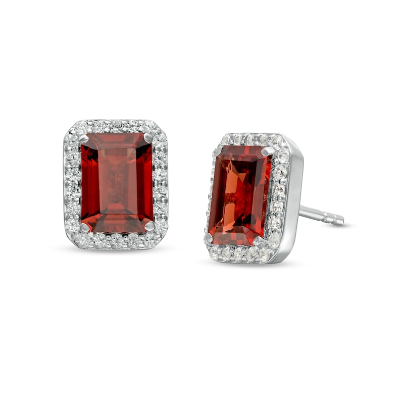 Emerald-Cut Simulated Garnet and Lab-Created White Sapphire Octagonal Frame Stud Earrings in Sterling Silver