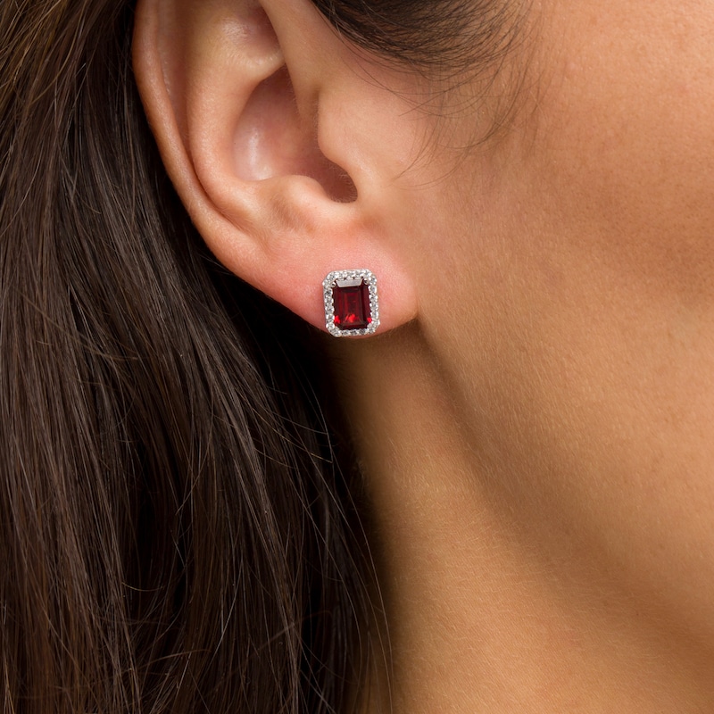 Emerald-Cut Simulated Garnet and Lab-Created White Sapphire Octagonal Frame Stud Earrings in Sterling Silver