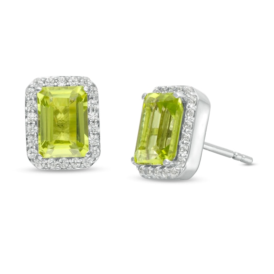 Emerald-Cut Simulated Peridot and Lab-Created White Sapphire Octagonal Frame Stud Earrings in Sterling Silver