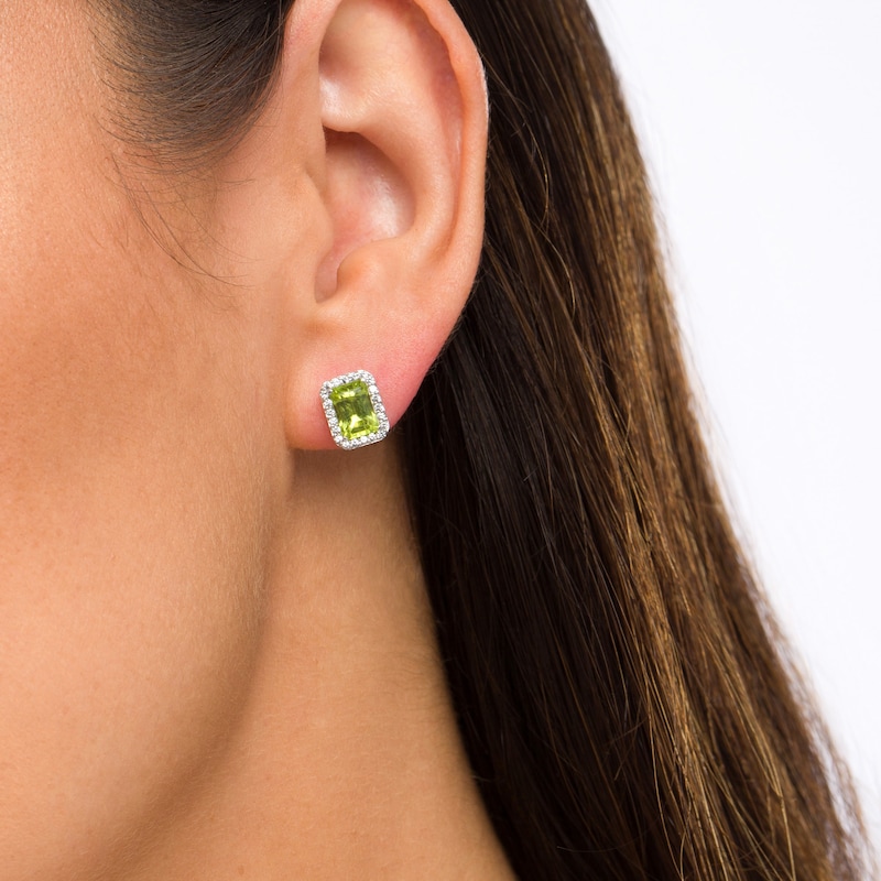 Emerald-Cut Simulated Peridot and Lab-Created White Sapphire Octagonal Frame Stud Earrings in Sterling Silver|Peoples Jewellers