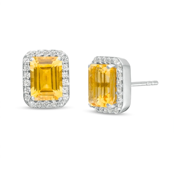 Emerald-Cut Lab-Created Citrine and White Sapphire Octagonal Frame Stud Earrings in Sterling Silver