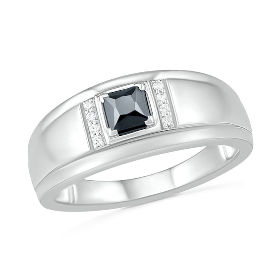 Men's 4.0mm Square-Cut Black Spinel and 0.04 CT. T.W. Diamond Collar Stepped Edge Ring in Sterling Silver