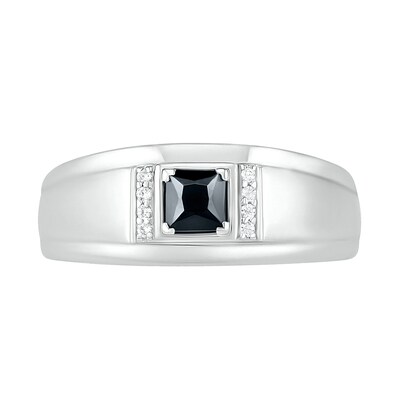 Men's 4.0mm Square-Cut Black Spinel and 0.04 CT. T.W. Diamond Collar Stepped Edge Ring in Sterling Silver