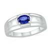 Thumbnail Image 1 of Men's Oval Blue Lab-Created Sapphire and 0.04 CT. T.W. Diamond Duo Stepped Edge Ring in Sterling Silver