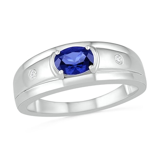 Men's Oval Blue Lab-Created Sapphire and 0.04 CT. T.W. Diamond Duo Stepped Edge Ring in Sterling Silver