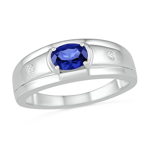 Men's Oval Blue Lab-Created Sapphire and 0.04 CT. T.W. Diamond Duo Stepped Edge Ring in Sterling Silver