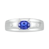 Men's Oval Blue Lab-Created Sapphire and 0.04 CT. T.W. Diamond Duo Stepped Edge Ring in Sterling Silver