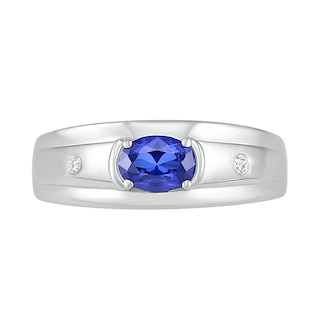 Men's Oval Blue Lab-Created Sapphire and 0.04 CT. T.W. Diamond Duo Stepped Edge Ring in Sterling Silver