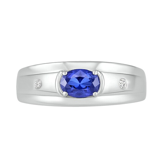 Men's Oval Blue Lab-Created Sapphire and 0.04 CT. T.W. Diamond Duo Stepped Edge Ring in Sterling Silver