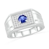 Men’s Blue Lab-Created Sapphire and 0.29 CT. T.W. Diamond Rectangle-Top Stepped Edge Triple Row Ring in Sterling Silver