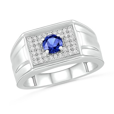 Men’s Blue Lab-Created Sapphire and 0.29 CT. T.W. Diamond Rectangle-Top Stepped Edge Triple Row Ring in Sterling Silver