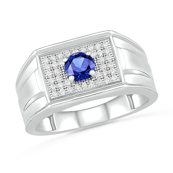 Men’s Blue Lab-Created Sapphire and 0.29 CT. T.W. Diamond Rectangle-Top Stepped Edge Triple Row Ring in Sterling Silver