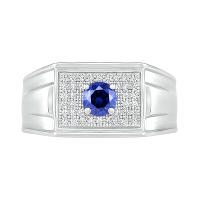 Men’s Blue Lab-Created Sapphire and 0.29 CT. T.W. Diamond Rectangle-Top Stepped Edge Triple Row Ring in Sterling Silver