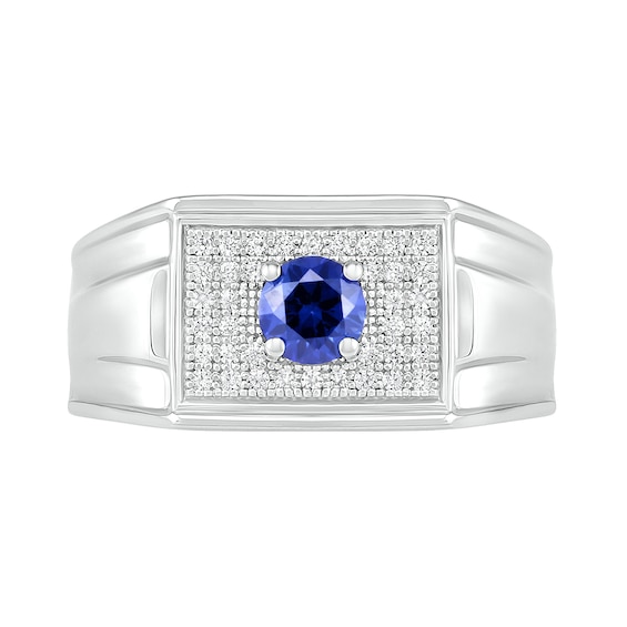 Men’s Blue Lab-Created Sapphire and 0.29 CT. T.W. Diamond Rectangle-Top Stepped Edge Triple Row Ring in Sterling Silver