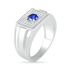 Thumbnail Image 3 of Men’s Blue Lab-Created Sapphire and 0.29 CT. T.W. Diamond Rectangle-Top Stepped Edge Triple Row Ring in Sterling Silver