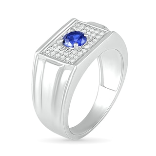 Men’s Blue Lab-Created Sapphire and 0.29 CT. T.W. Diamond Rectangle-Top Stepped Edge Triple Row Ring in Sterling Silver